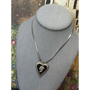 Vintage Mercury Dime Heart Cameo Pendant Silver Tone Black Enamel Sweetheart